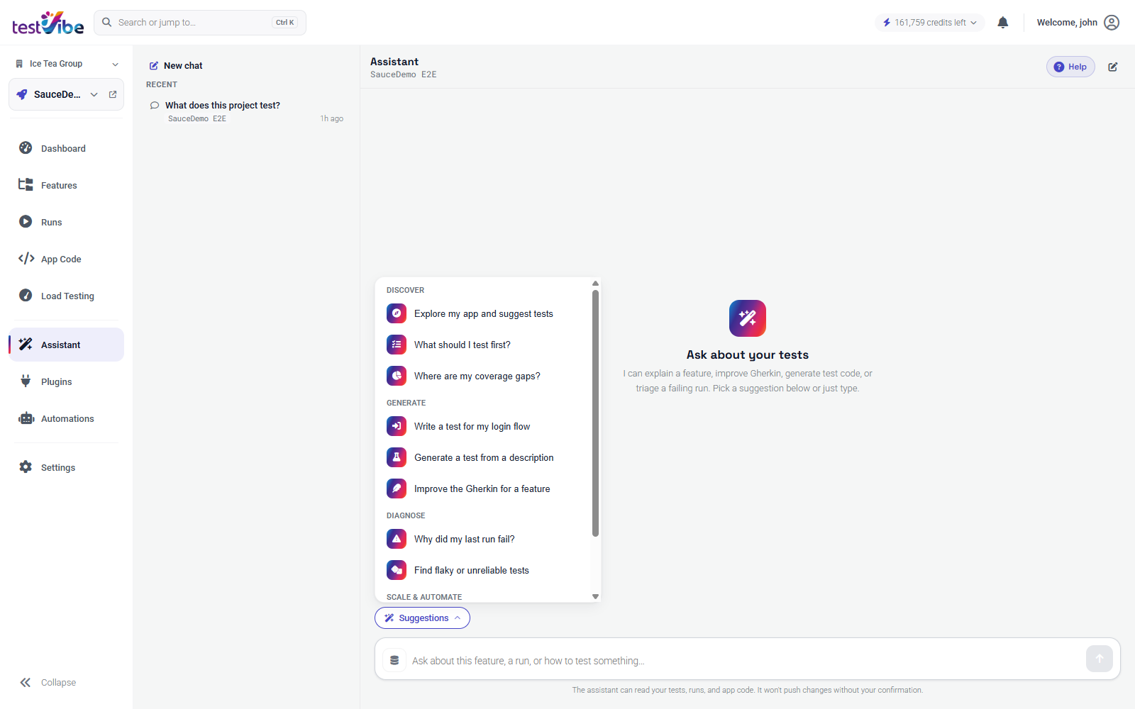 The Assistant's Suggestions menu, with "Explore my app and suggest tests" under Discover