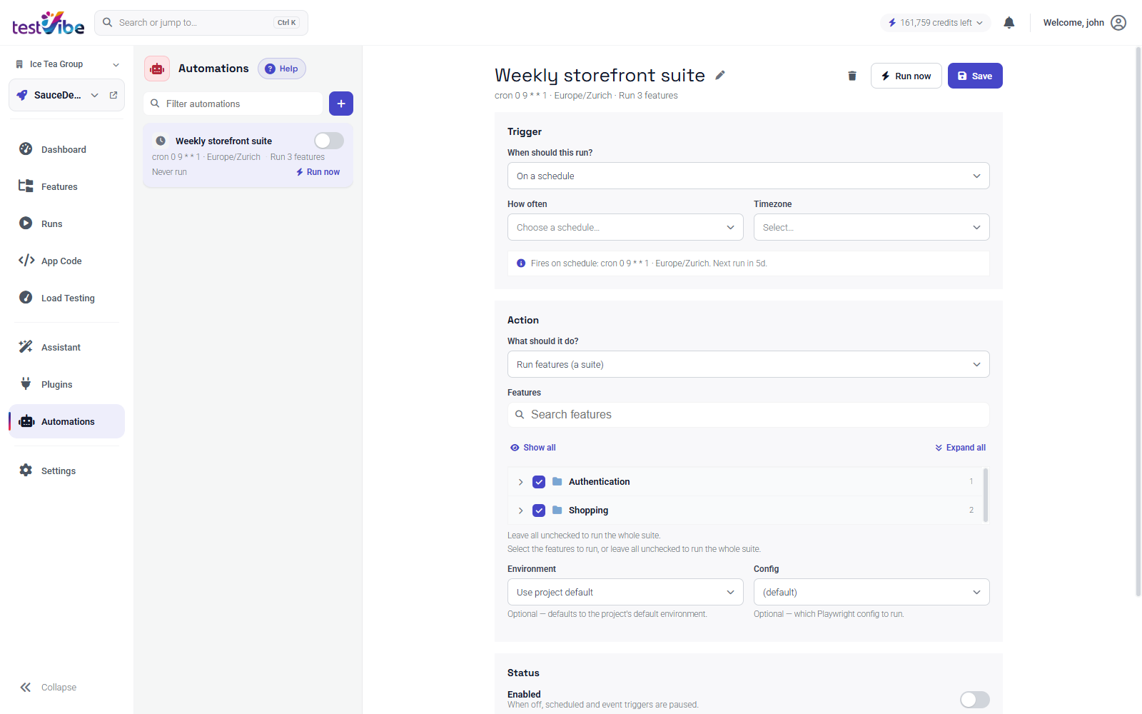 The automation editor: a schedule trigger with a preset and timezone, a Run features (a suite) action with a grouped feature picker, and environment/config overrides.