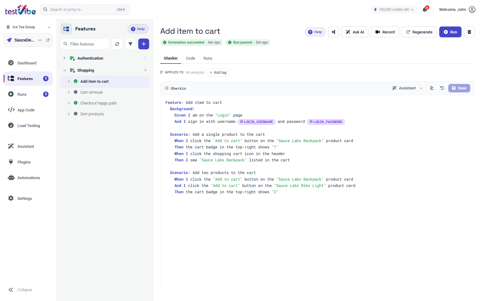 The feature editor: a Gherkin feature with two scenarios, credential variables as inline tokens, and Gherkin / Code / Runs tabs.