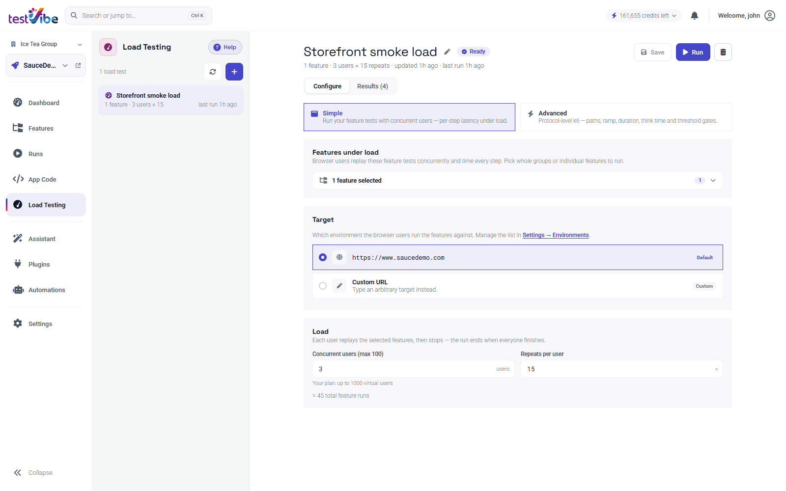 The Configure tab of a Simple-mode load test: a mode toggle at the top, a features picker, a Target section listing the project's environments plus a Custom URL option, and Concurrent users / Repeats per user fields.