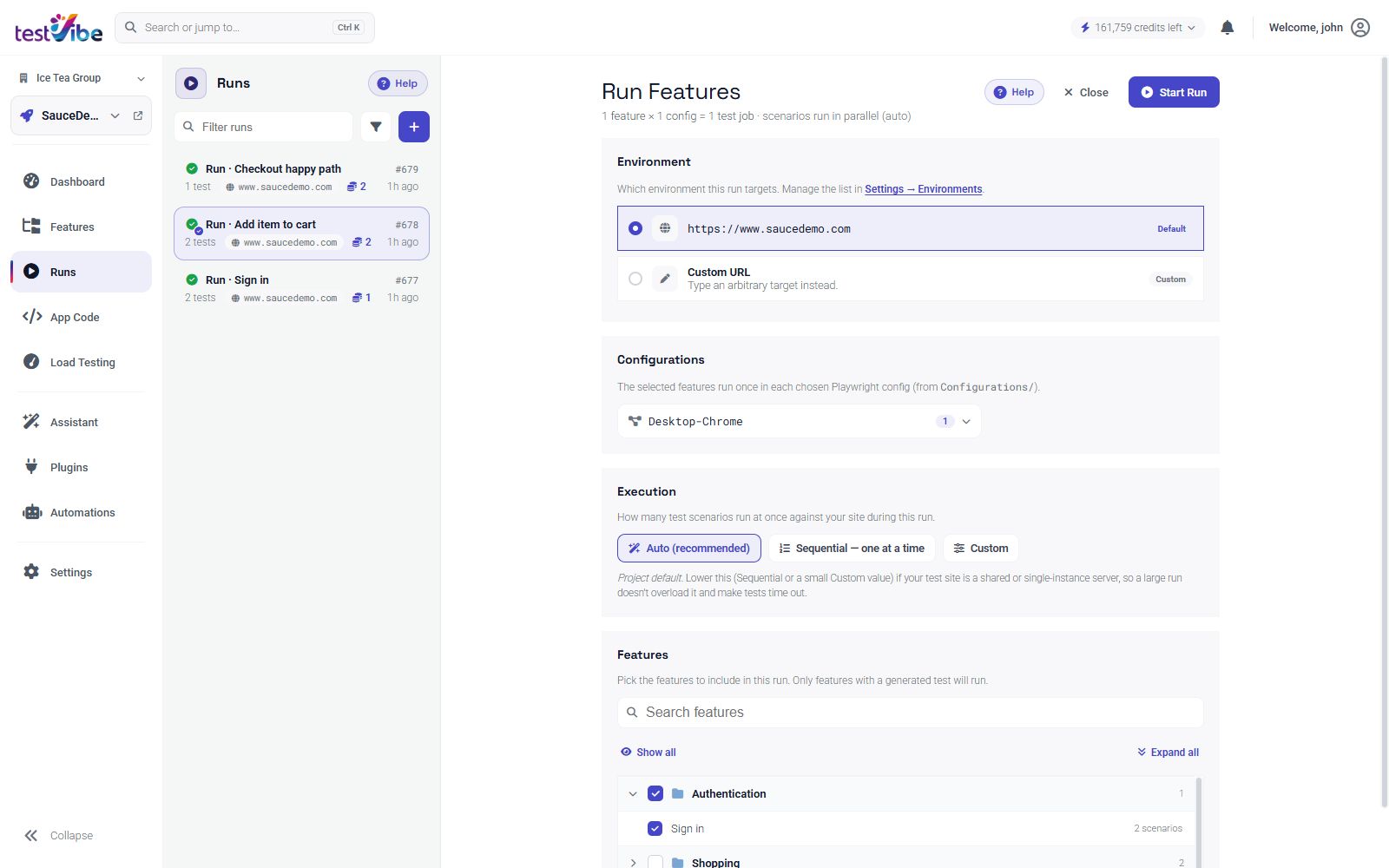 The run composer: pick the target environment, a Playwright configuration, execution parallelism, and which features to run.