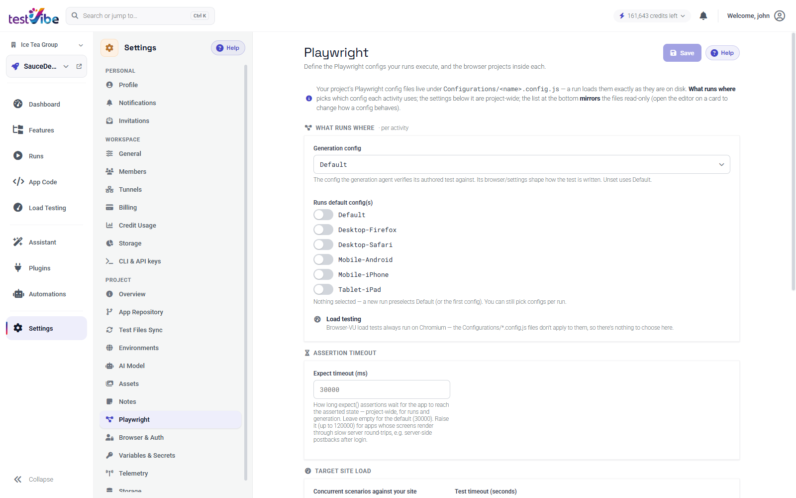 The Playwright settings page listing run configurations and browser projects