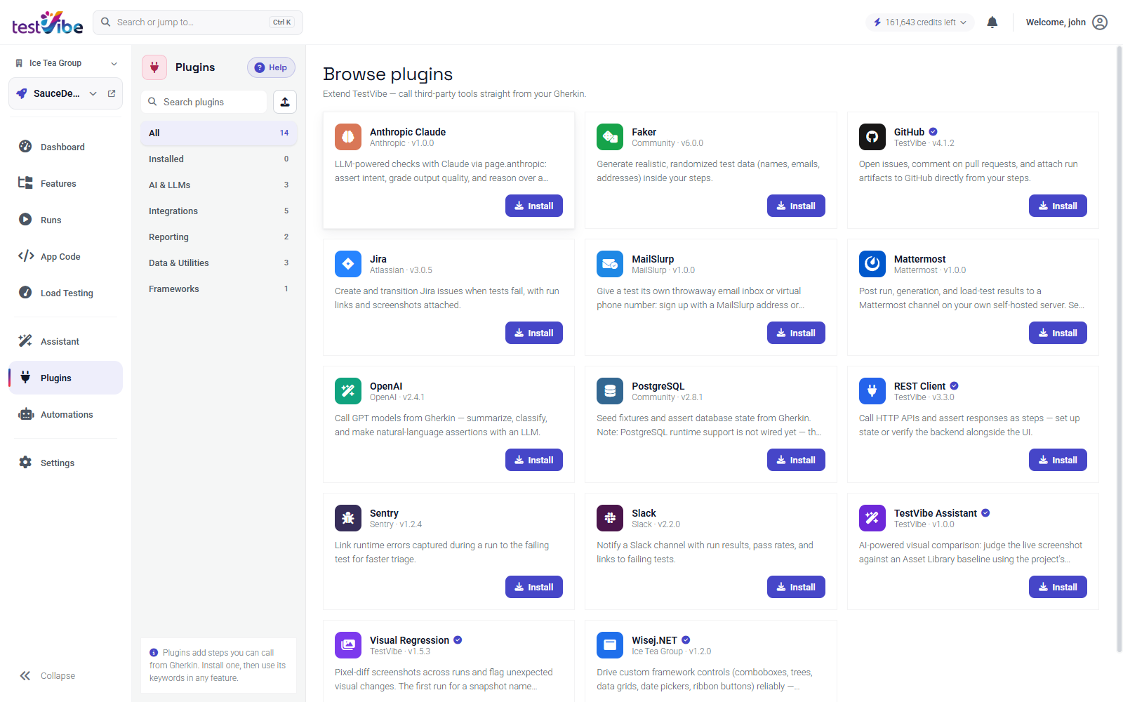 The Plugins marketplace, showing the built-in catalog with category filters and install buttons on each plugin card.