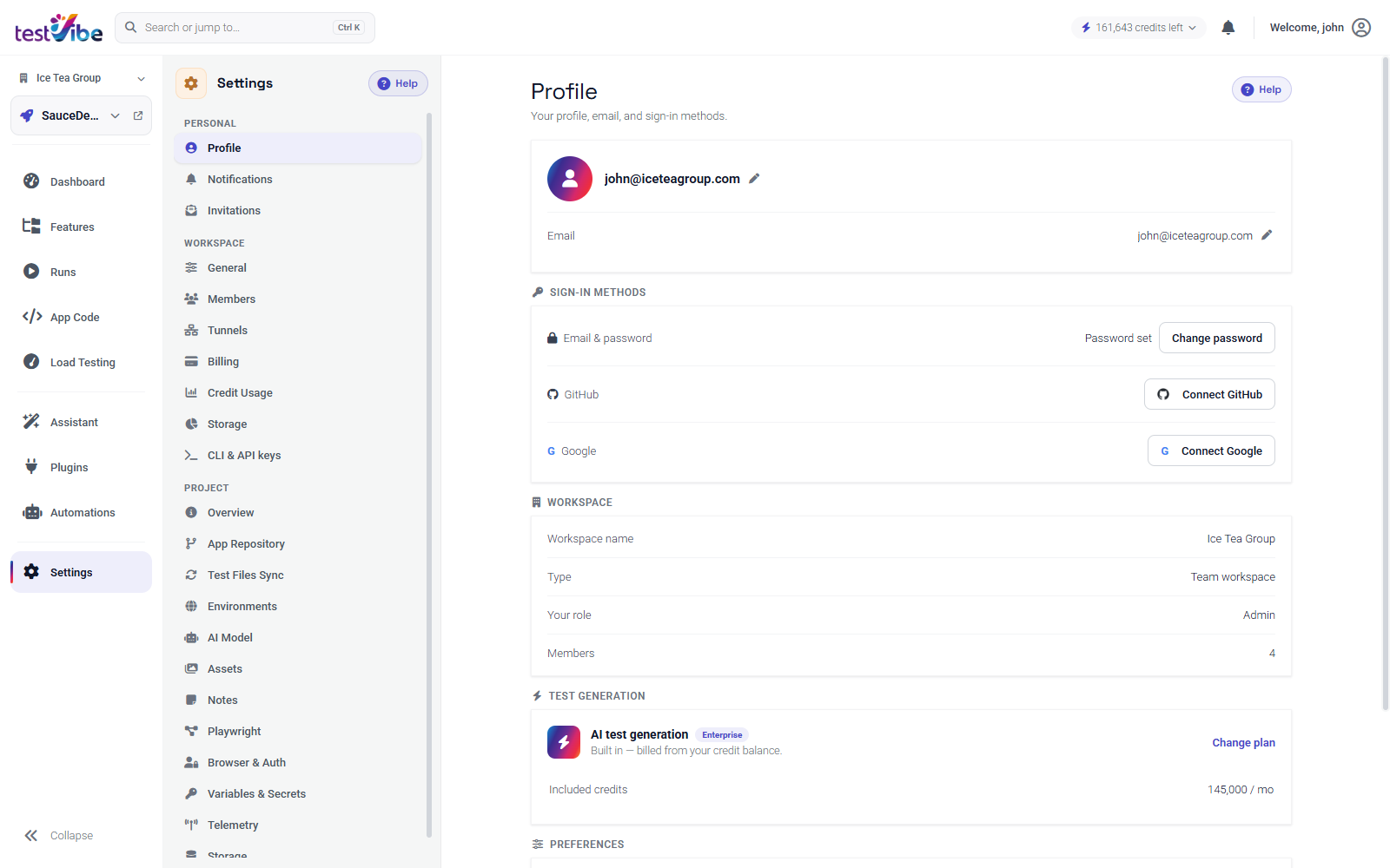 The Profile settings panel showing the Workspace card: name, type, your role, and member count.
