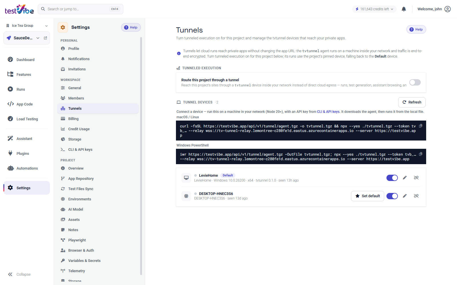 The Tunnels settings panel: a toggle to route a project through a tunnel, the connect-a-device commands, and the list of connected devices with their online status and Default marking.