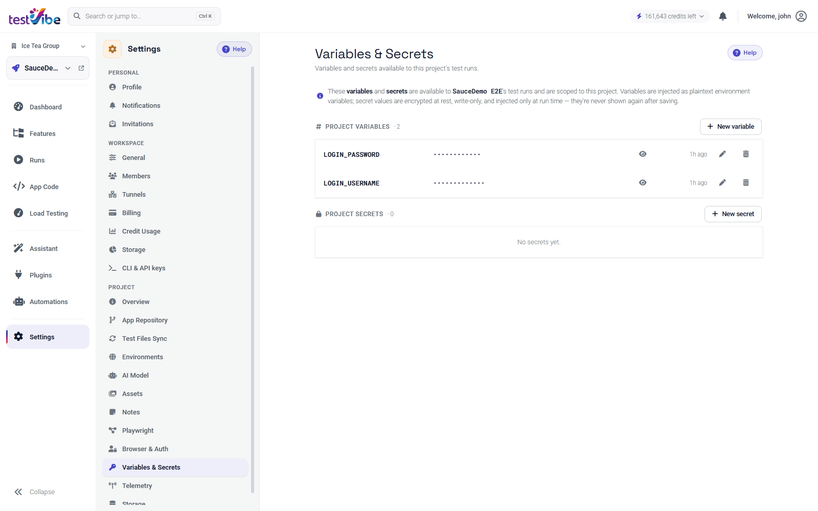 The Variables and Secrets settings panel, scoped to the project