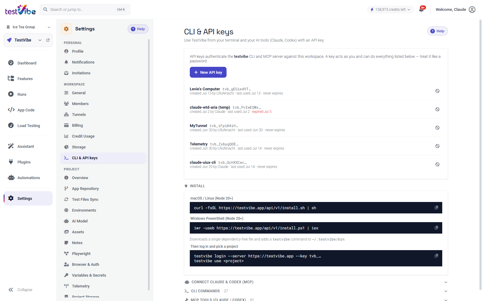 The Settings → CLI & API keys panel: a list of keys showing only masked prefixes, a New API key button, and the CLI install commands.