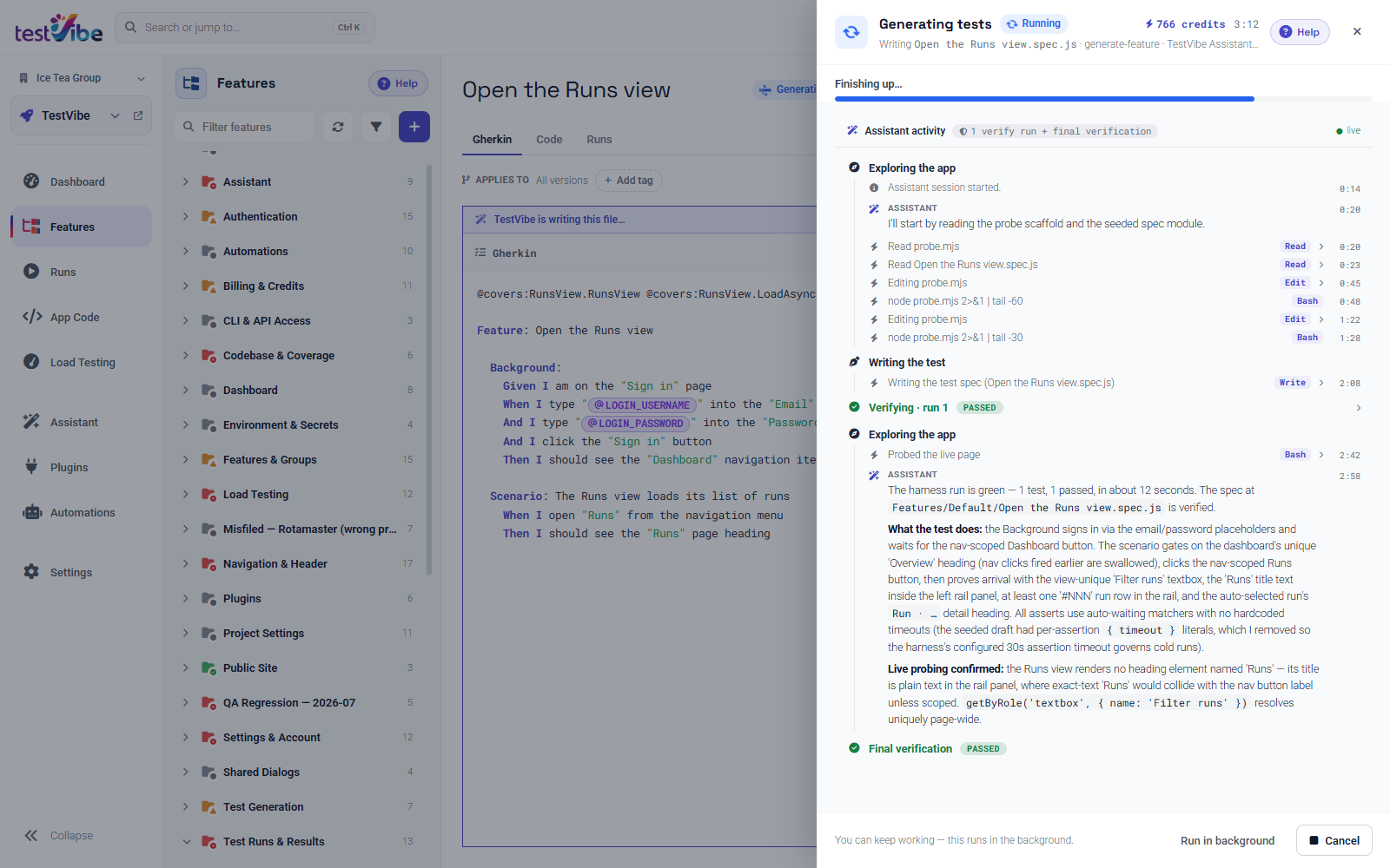 Generation in progress: the drawer mid-run with a live assistant-activity timeline and a verification run already passing.