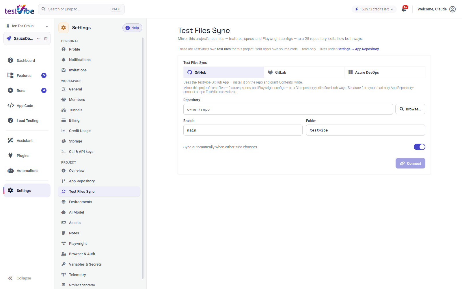 The Test Files Sync panel before connecting: GitHub, GitLab, and Azure DevOps tabs, an owner/repository picker, and branch and folder fields with a Connect button.