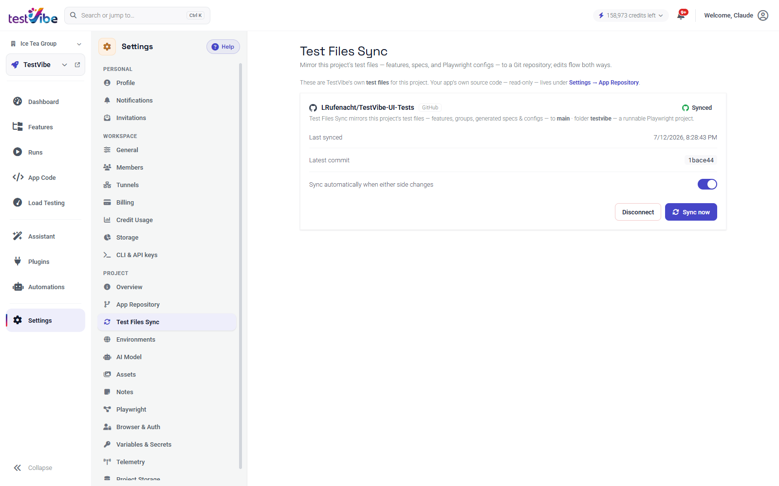 The Test Files Sync panel after connecting a GitHub repository: a Synced status card with last-synced and latest-commit rows, an auto-sync toggle, and Disconnect and Sync now actions.