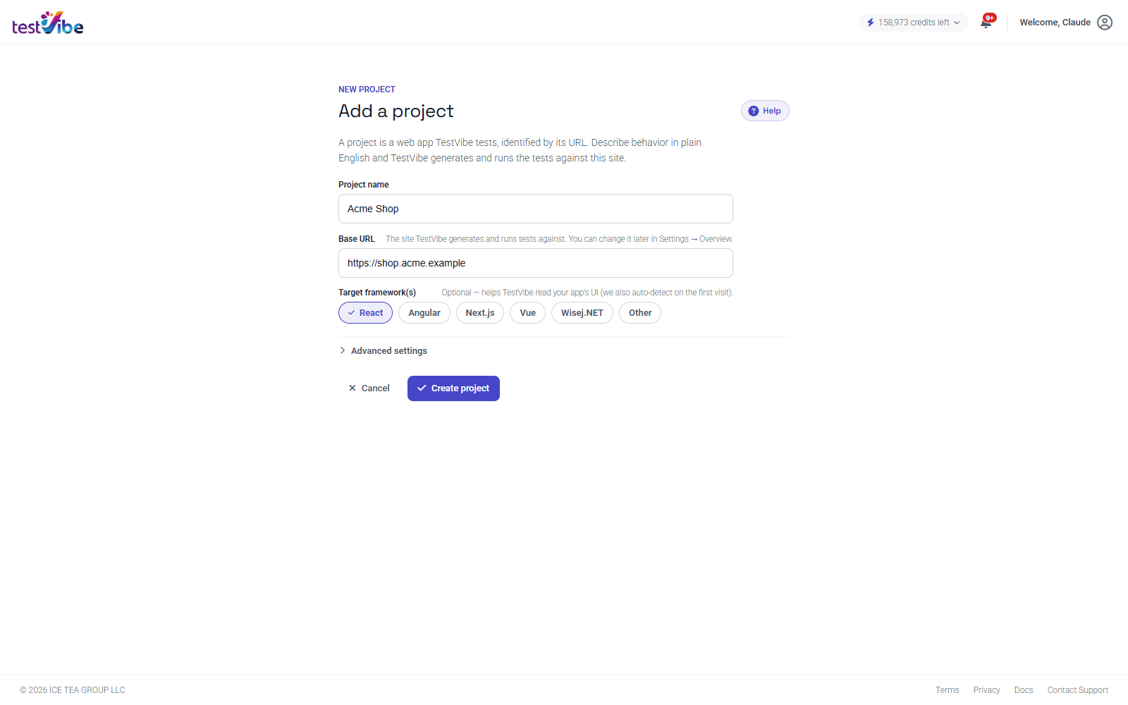 The Add a project screen with the fields filled in: a project name, the site URL to test, and an optional target framework.
