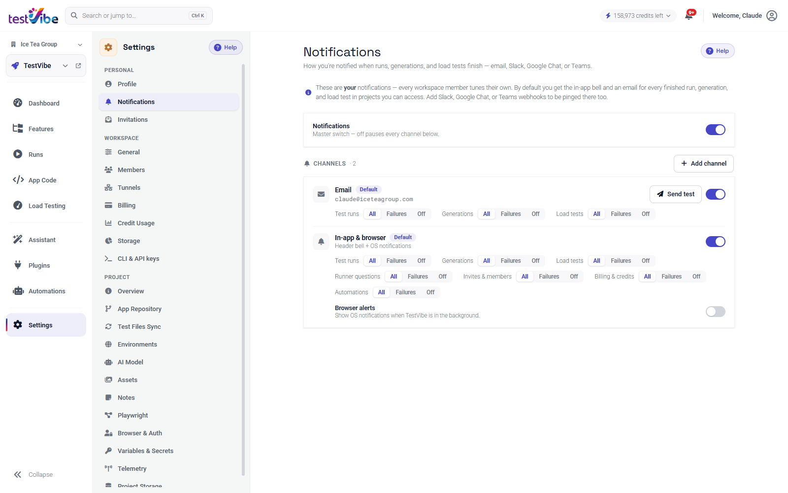 The Notifications settings page: a master switch, an Email channel, and an In-app & browser channel, each with per-category All / Failures / Off toggles.