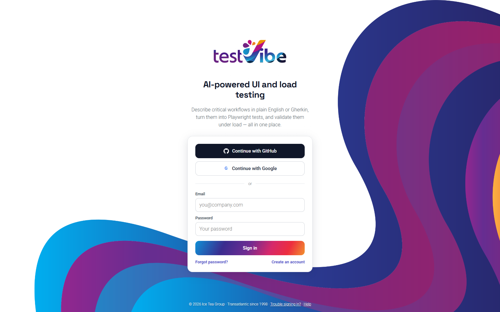 The TestVibe sign-in screen: Continue with GitHub, Continue with Google, or email and password.