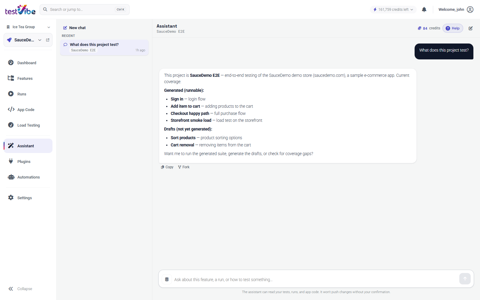 TestVibe Assistant — a chat thread where the agent summarizes what the project tests