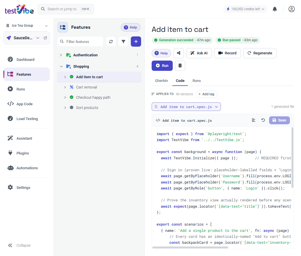 The Code tab of a generated feature — the Add item to cart.spec.js Playwright spec the AI wrote, with an exported background and a scenarios array