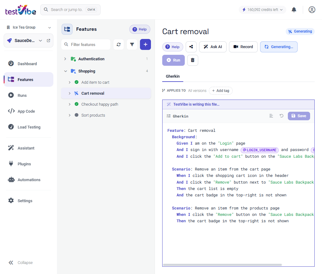 The TestVibe feature editor mid-generation — the Cart removal Gherkin being written, with a 'TestVibe is writing this file…' banner over the Feature, Background and Scenario steps
