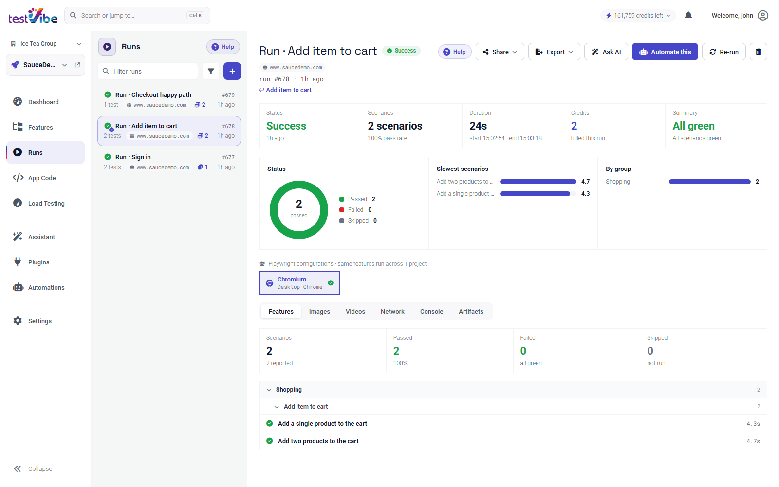 TestVibe Run detail — status donut, slowest tests, per-scenario results with images, videos, network and console tabs