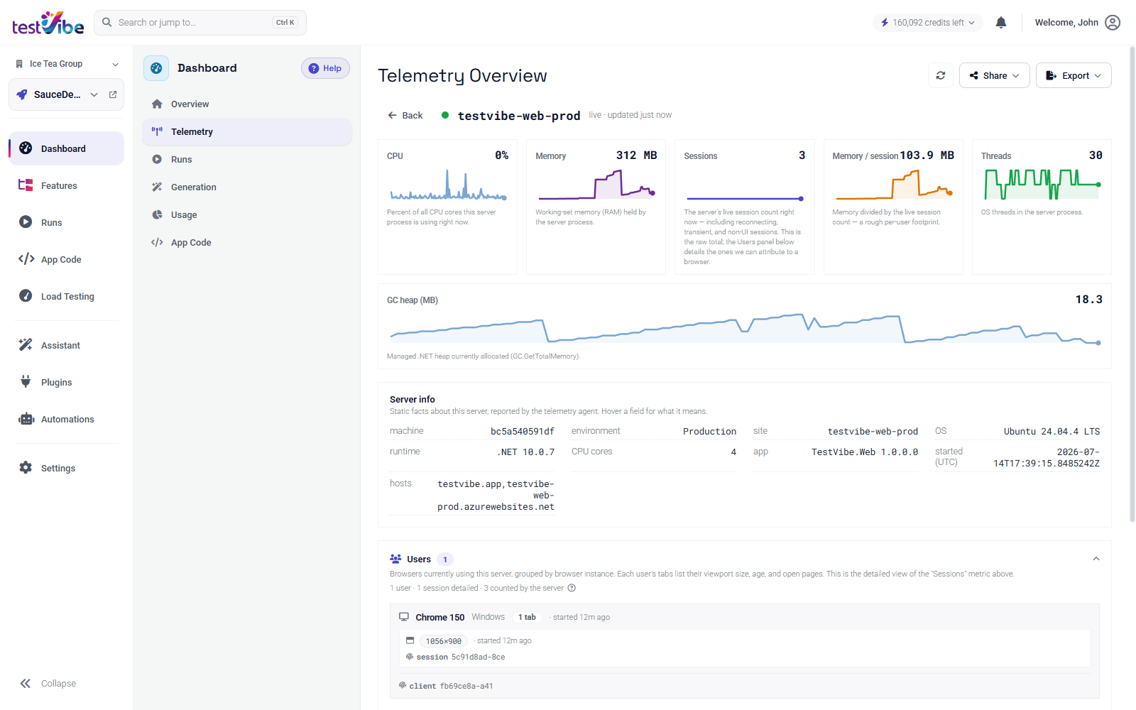 TestVibe Telemetry — a live server detail with CPU, memory, sessions and GC heap charts
